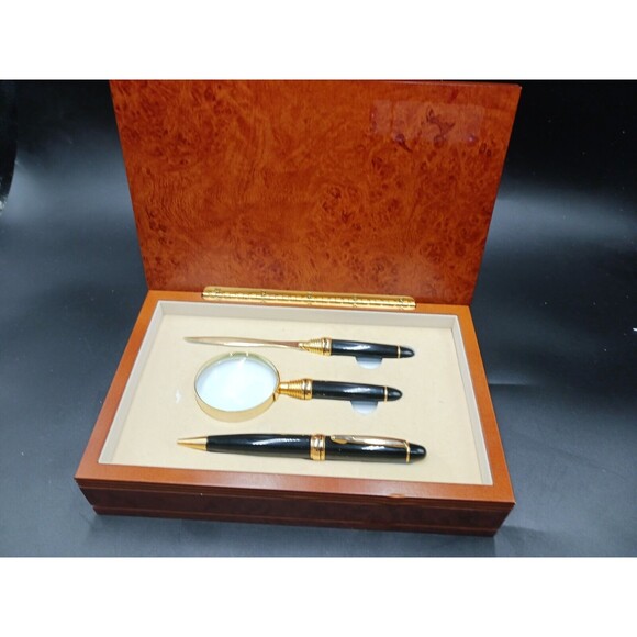 Executive Pen, Opener, Magnifier Set In A Wooden Box Brass